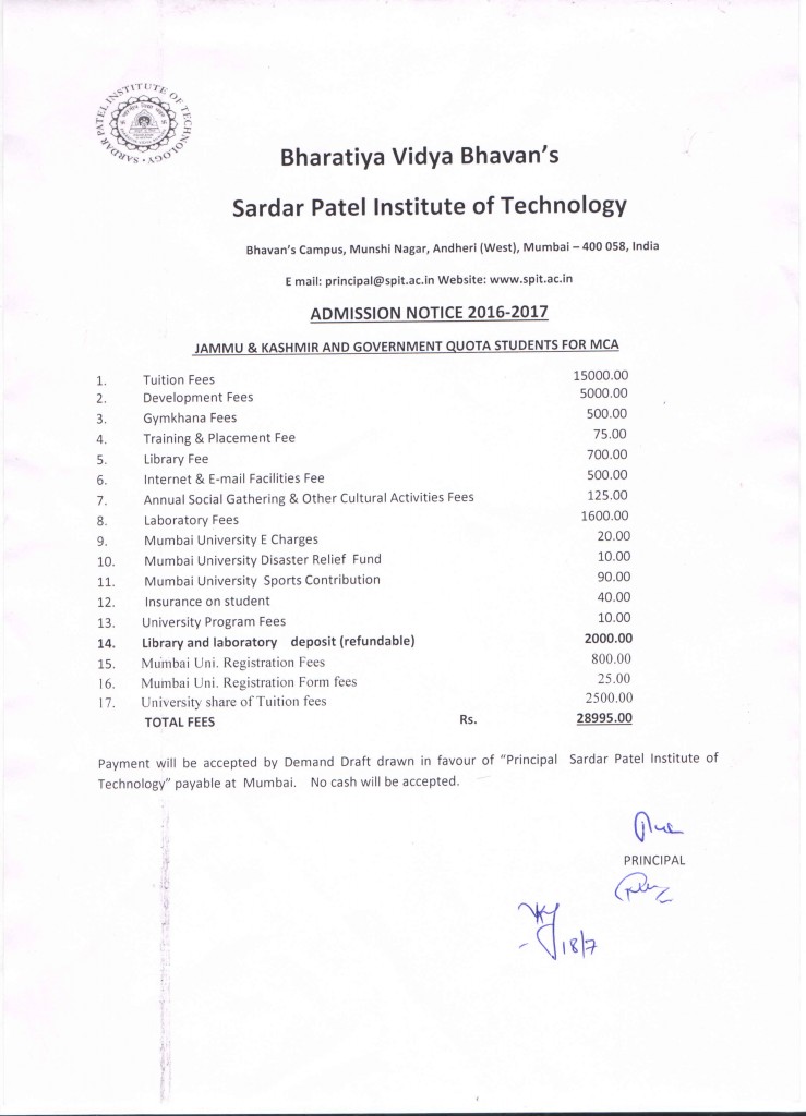 Admission Notice J&K MCA 2016-17